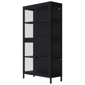 Four Glass Door Storage Cabinet with Adjustable Shelves and Feet Cold-Rolled Steel Sideboard Furniture for Living Room Kitchen Black