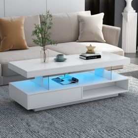 U-Can LED Coffee Table with Storage, Modern Center Table with 2 Drawers and Display Shelves, Accent Furniture with LED Lights for Living Room,White