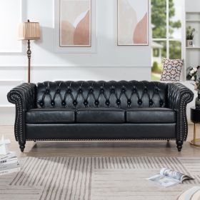 84.65" BLACK PU Rolled Arm Chesterfield Three Seater Sofa