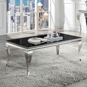 Glam Contemporary1pc Coffee Table Black Glass Top Silver Color Table Living Room Stainless Steel Cabriole-Style Legs