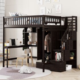 Full size Loft Bed with Bookshelf,Drawers,Desk,and Wardrobe-Espresso