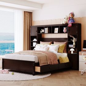 Full Size Wooden Bed With All-in-One Cabinet and Shelf, Espresso