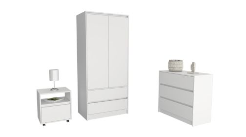 Beloit 3 Piece Bedroom Set, Nightstand + Dresser+ Armoire, White