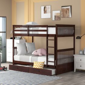 Twin-Over-Twin Bunk Bed with Ladders and Two Storage Drawers (Espresso Finish)