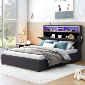 Full Size Upholstered Platform Bed with Storage Headboard, LED, USB Charging, and 2 Drawers