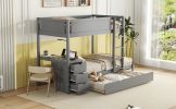 Twin-Over-Twin Bunk Bed with Twin size Trundle, Storage and Desk, Gray