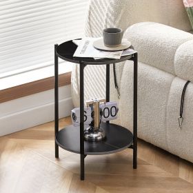 MarbleGlow 2-Layer Round End Table (Color: Black+Black+Marble)