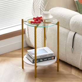 MarbleGlow 2-Layer Round End Table (Color: White+Golden+Glass)